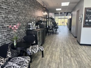 The salon’s warm, open layout